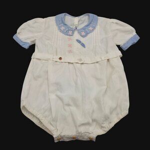 1950s Madeira Baby Romper Hand Made Portugal Embroidered Collar 12 Mo Girls